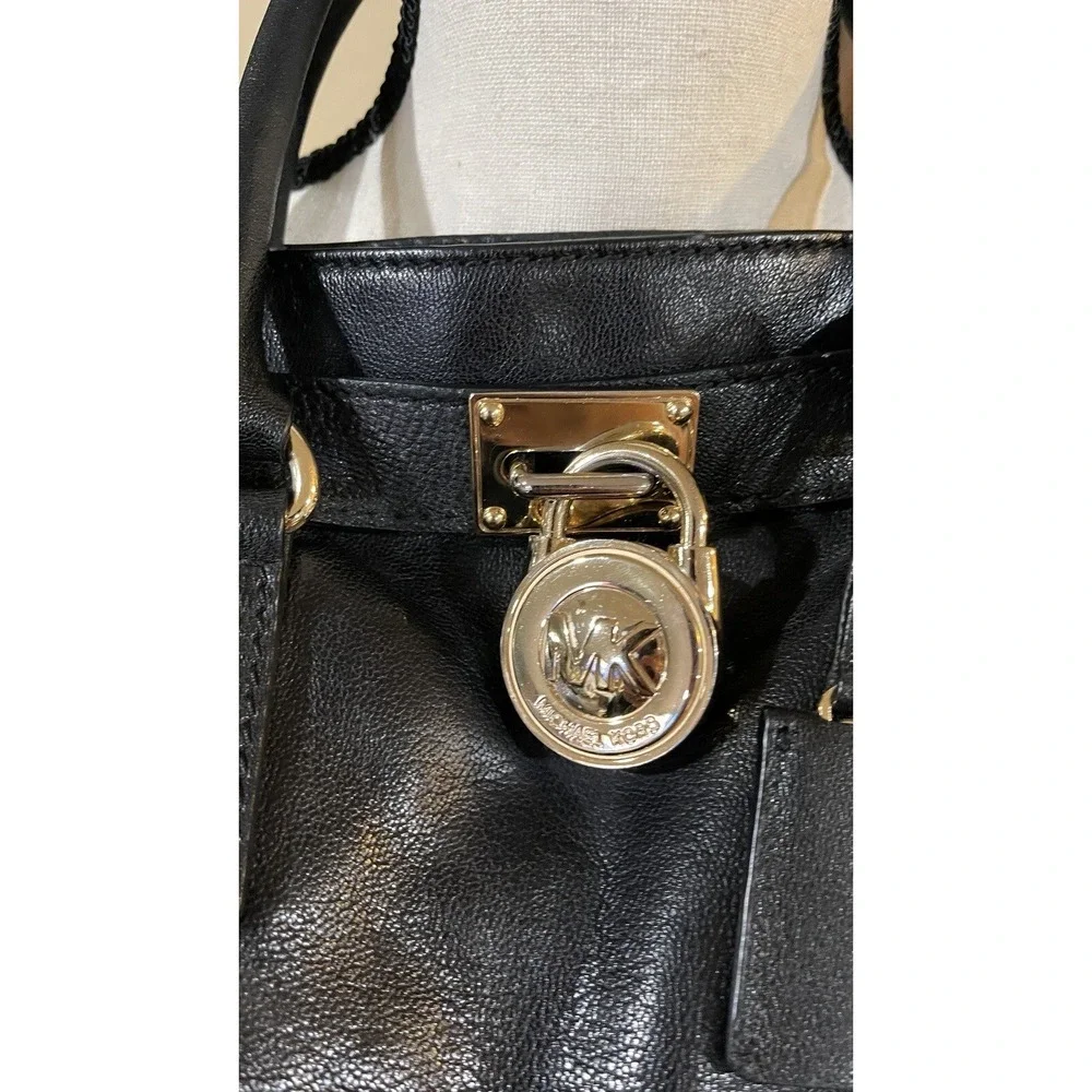 Michael Kors Hamilton Black Leather Satchel Tote‎ Chain Shoulder Bag Gold